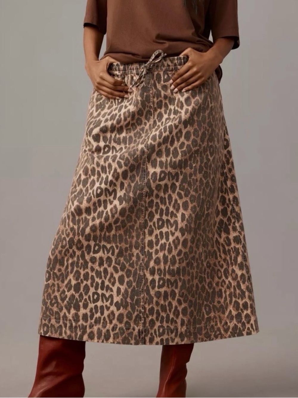 Leopard Print A-Line Maxi Skirt - Brown
